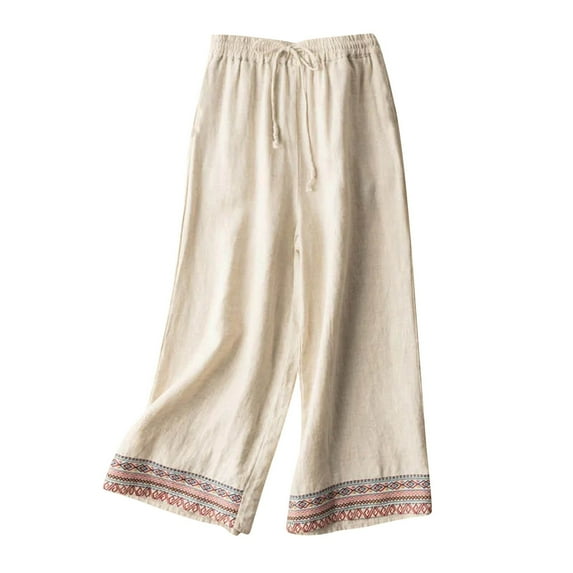 LLYwey Pull on Pants for Women Ladies Summer Fashion Solid Color Embroidery Art Style Flowing Double Layer Thin Straight Leg Wide Leg Pants New Full Length Pants Regular Fitted Beige XL