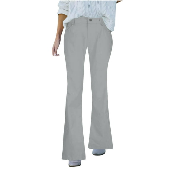 LLYwey Casual Pants Women Ladies Winter Solid Color Mid-Waist Pocket Denim Casual Pants New Full Length Pants Trousers Regular Fitted Gray M