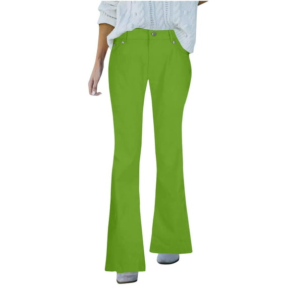 LLYwey Stretchy Pants for Women Ladies Winter Solid Color Mid-Waist Pocket Denim Casual Pants New Full Length Pants Trousers Regular Fitted Green XL