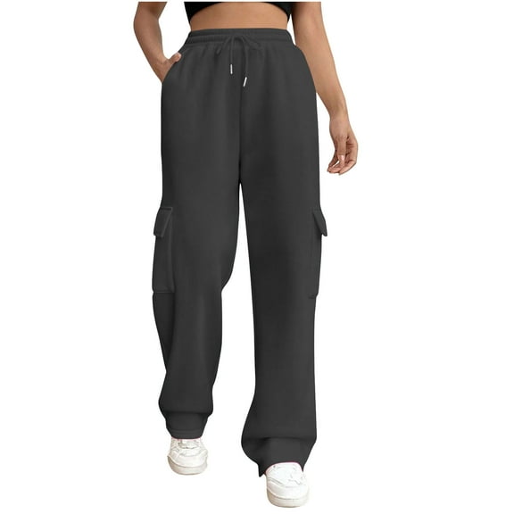 LLYwey Wide Leg Sweatpants Ladies Cargo Sweatpants Casual Baggy Fleece High Waisted Joggers Pants New Full Length Pants Trousers Regular Fitted Dark Gray L