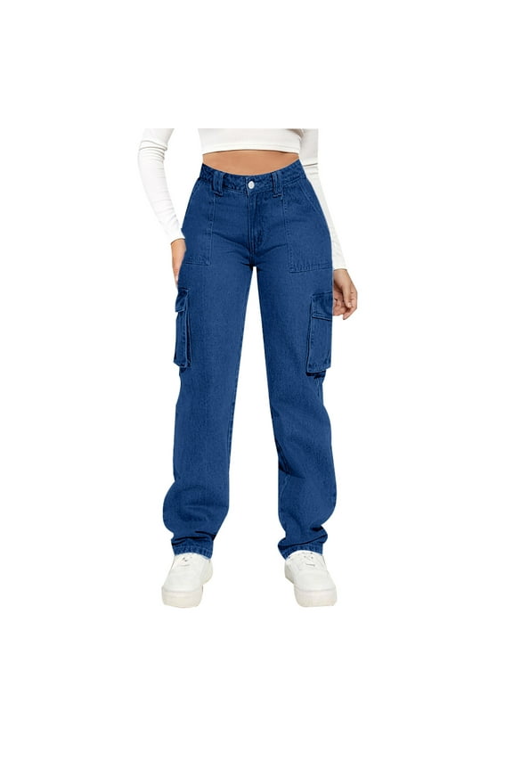 Women Sweatpants Ladies' Mid Waist Pocket Workwear Casual Straight Leg Denim Pants New Full Length Pants Trousers Regular Fitted Blue M