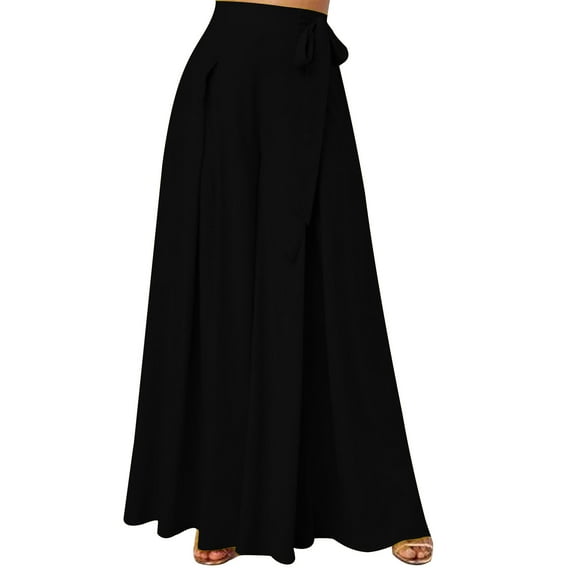 LLYwey Womens Elastic Waist Pants Ladies Lace up Loose Casual Plus Size Ladies High Waisted Wide Leg Pants New Full Length Pants Trousers Regular Fitted Black L