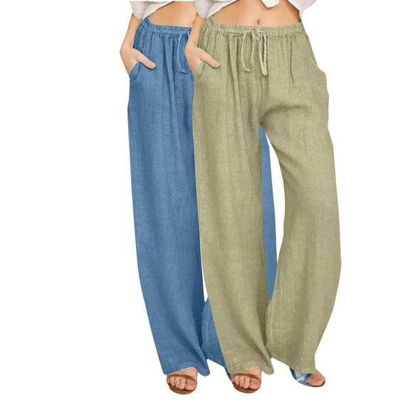 LLYwey Womens Khaki Pants Ladies Casual Trousers Solid Drawstring Waist Long Pants with Pocket New Full Length Pants Regular Fitted Navy S