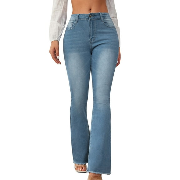 LLYwey Womens Loose Pants Ladies Casual High Waisted Pocket Solid Color Slim Denim Bell Bottom Pants Long Pants New Full Length Pants Trousers Regular Fitted Blue L