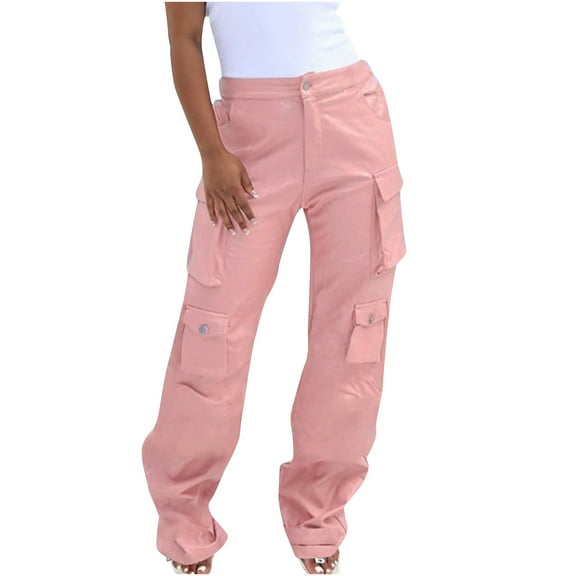 LLYwey Khaki Pants for Women Ladies Solid Color Pocket Corset High Waist Sweatpants Long Pants New Full Length Pants Trousers Regular Fitted Pinks L