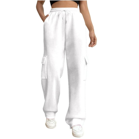 LLYwey Women's Sweatpants Ladies Cargo Sweatpants Casual Baggy Fleece High Waisted Joggers Pants New Full Length Pants Trousers Regular Fitted White L