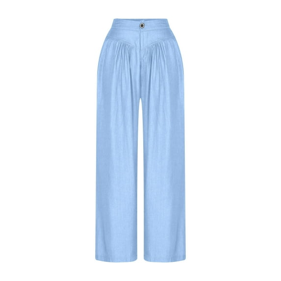 LLYwey Womens Work Pants Wide Leg Denim Pants for Ladies Smocked High Waisted Loose Flowy Pants Casual Summer Trousers with Pockets New Full Length Pants Regular Fitted Light Blue XXL