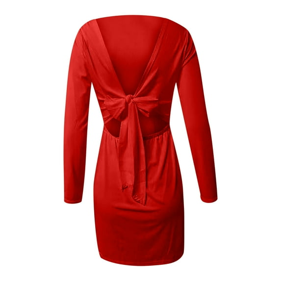 LLYwey s Casual Wedding Dresses for Bride Fashion Color Slim Back Bow Tie Casual Long Sleeve Dress New Elegant Dresses Red Xxl
