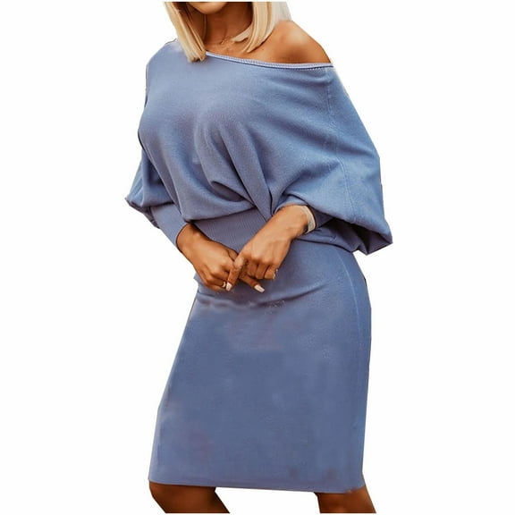 LLYwey s Dresses for Wedding Guest Casual Knit Dress Long Sleeve Hip and Waist Dress Long Sleeve Collar Dress New Cocktail Dresses Blue M