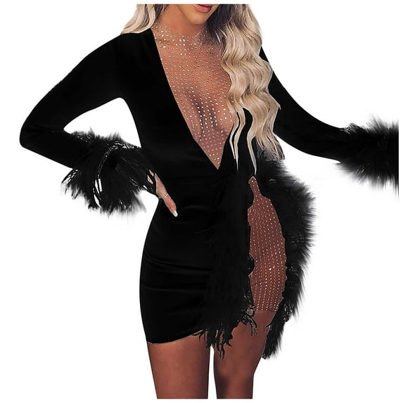 LLYwey s Flowy Cocktail Dresses for Women V-Neck Long Sleeve Color Mesh Stitch Feather Casual Mini Dress New Fall Dresses Black Xl