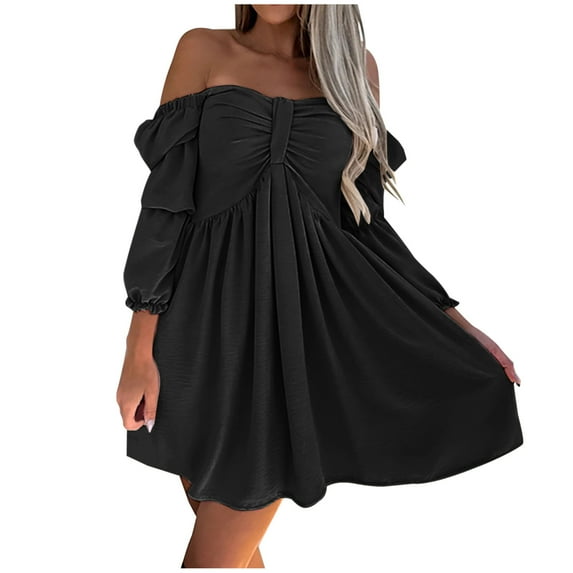LLYwey s Women's Dresses for Wedding Guest Fashion Casual Solid 3/4 Sleeve Ruffle Shoulder Mini Dress New Flowy Dresses Black S