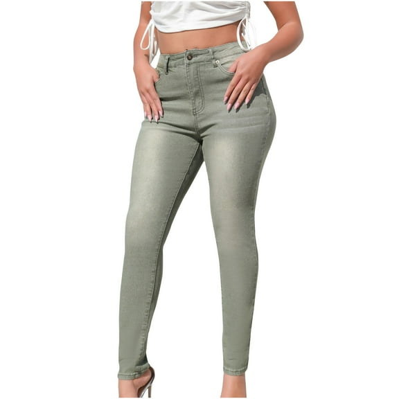 LLYwey s Womens Comfy Pants Ladies Winter Solid Color Mid-Waist Pocket Denim Casual Pants New Full Length Pants Trousers Regular Fitted Green M