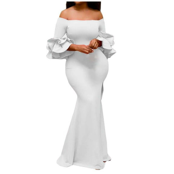 LLYwey s Maxi Wedding Guest Dresses for Women Fashion Elegant Casual Shoulder Slim Solid Color Long Dress Wedding Dress New Flowy Dresses White M