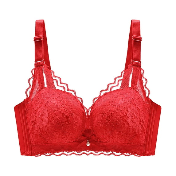 LLYwey Sleep Bras Fashion Women Solid Color Underwire Lace Cotton Pad Push up Daily Bra Women Size Polyester Bralette Bra Style LW-187 Red XL