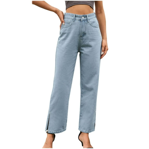 LLYwey Straight Leg Sweatpants For Women Spring and Summer Women's Button Split Solid Fashion Casual Jeans Pants Cargo Pants Female Long Pant Style H1532 Light Blue XL