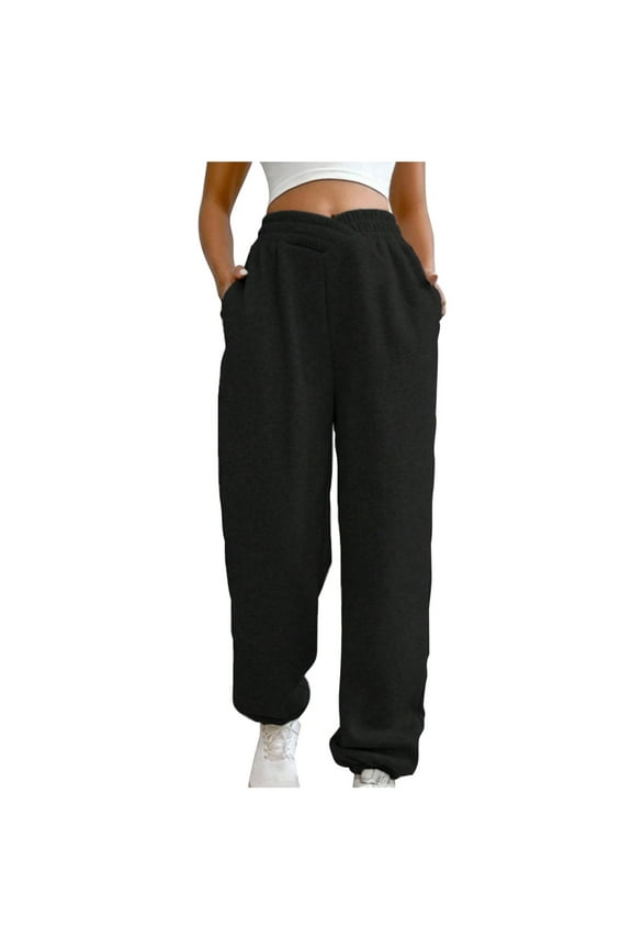 Straight Leg Sweatpants For Women Women's Fashion Solid Color Elastic Waist Close Slant Pocket Sweatpants Trousers Wide Leg Yoga Pants Long Pant Style H117 Black XXL