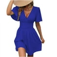 thumbnail image 1 of LLYwey Summer Casual Flowy Dresses for Women Smocked Waist Ruffle Pleated A-Line Wedding Guest Evening Party Knee Length Dresses Solid Color Short Sleeve V-Neck Beach Sundress , Sun-23, Blue, M, 1 of 5