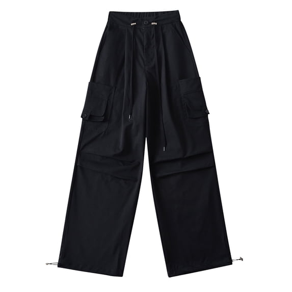 LLYwey Summer Pants For Women 2024 Women's Loose Pants Casual Sports Pants Drawstring Cargo Pants Wide-leg Pockets High Waisted Full Length Pants Long Pant Style H1590 Black S