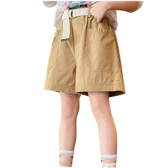 LLYwey Toddler Girls Cargo Shorts, Girls’ Elastic Waist Wide Leg Shorts, Kids Summer Casual Loose Solid Color Cotton Short Pants with Pockets, New-Md40, Khaki, 9T