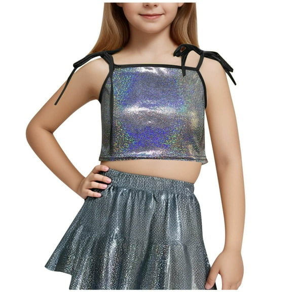 LLYwey Toddler Girls Crop Tops - Kids Casual Tie Straps Glitter Sleeveless Camisole Undershirts Dance Costume Girls' Shiny Crop Tank Tops, T-45, Black, 11T