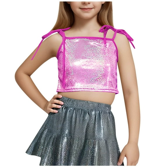 LLYwey Toddler Girls Crop Tops - Kids Casual Tie Straps Glitter Sleeveless Camisole Undershirts Dance Costume Girls' Shiny Crop Tank Tops, T-45, Pinky, 11T