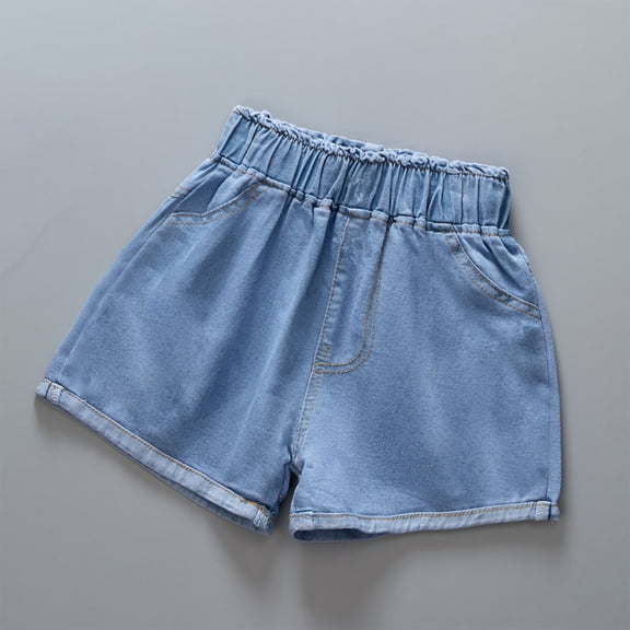 LLYwey Toddler Girls Denim Pull On Shorts - Kids Washable Casual Loose Solid Color Elastic Waist Jeans Shorts with Pockets, New - MD11, Blue, 3-4T