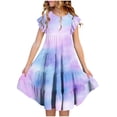 thumbnail image 1 of LLYwey Toddler Girls Flowy Dresses, Girls’ Crew Neck Ruffle Sleeve Summer Dresses with Pocket, Teen Kids Tie Dyed Print Casual Loose Mid-Length A-Line Beach Sundress, Purples, 6T, 1 of 5