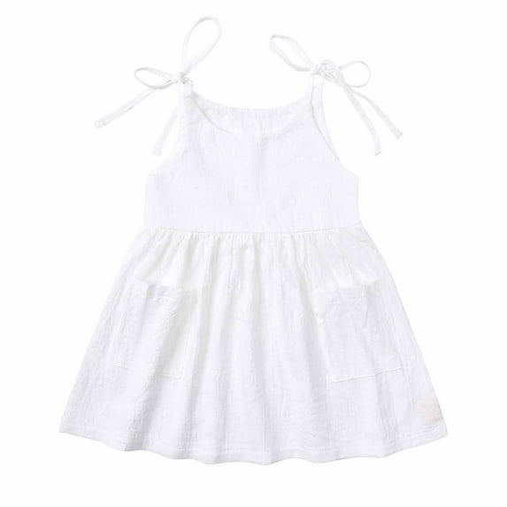 LLYwey Toddler Girls Linen Dresses, Baby Girls' Summer Dresses, Kids Tie Strap Sleeveless Pockets Ruffle A-Line Beach Casual Sundress, T-50, White, 12-24 Months