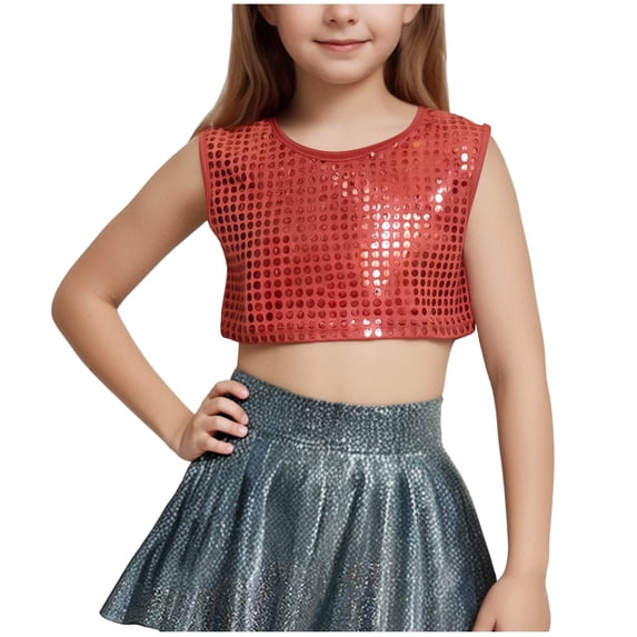 LLYwey Toddler Girls Shiny Crop Tops, Girls' Dance Shiny Crew Neck Sleeveless Crop Tank Tops, T-43, Red, 8T