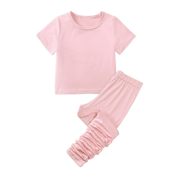 LLYwey Toddler Girls Summer Pants Sets, Girls’ Casual Solid Color Crew Neck Short Sleeve T-Shirt and Long Pants 2 Piece Outfit Matching Sets, New-31, Pinks, 18 Months