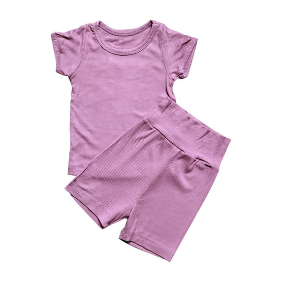 LLYwey Toddler Shirt and Short Sets, Baby Boys Girls 2 Piece Summer Outfits Sets, Kids Casual Solid Color Crew Neck Short Sleeve Ribbed T-Shirts and High Waist Shorts Matching Sets, Purples, 3T