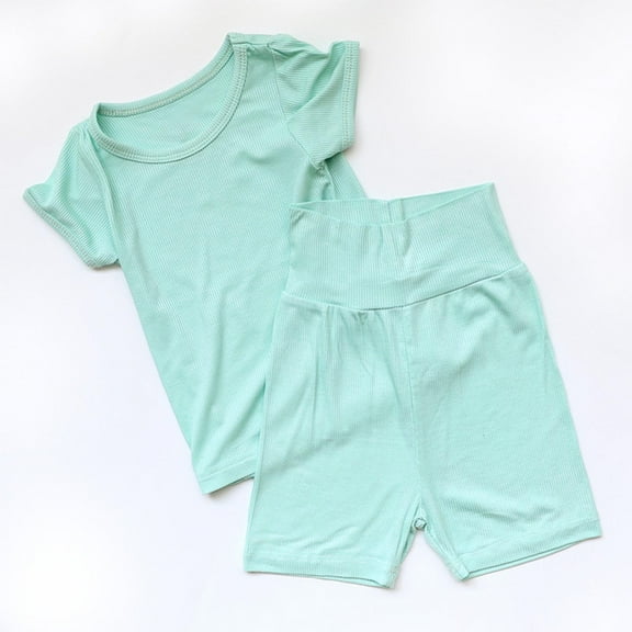 LLYwey Toddler Shorts Sets, Baby 2 Piece Summer Outfits Sets, Unisex Boys Girls Solid Ribbed Crew Neck Short Sleeve T-Shirts and High Waist Shorts Matching Sets, Green-b, 1T