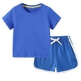 thumbnail image 1 of LLYwey Toddler Summer Outfits, Baby Girls T-Shirt and Shorts Clothes Sets, Casual Solid Color Crew Neck Short Sleeve Pullover Tops + Shorts Sets 2 Piece Outfits, New-37, Blue, 3T, 1 of 4