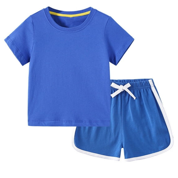 LLYwey Toddler Summer Outfits, Baby Girls T-Shirt and Shorts Clothes Sets, Casual Solid Color Crew Neck Short Sleeve Pullover Tops + Shorts Sets 2 Piece Outfits, New-37, Blue, 3T