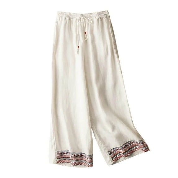 LLYwey Trousers Pants for Women Ladies Summer Fashion Solid Color Embroidery Art Style Flowing Double Layer Thin Straight Leg Wide Leg Pants New Full Length Pants Regular Fitted White XL