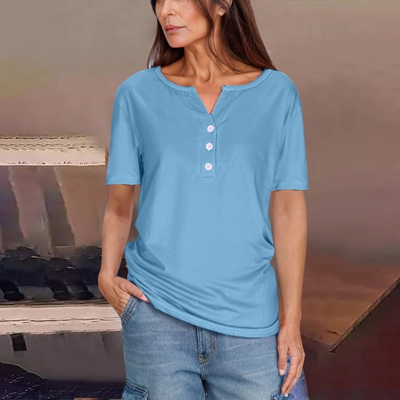 LLYwey V Neck T Shirts for Women Summer Button-up Front Short Sleeve Shirts Dressy Casual Solid Color Tunic Tops Loose Blouses Tees, Style-23, Light Blue, L