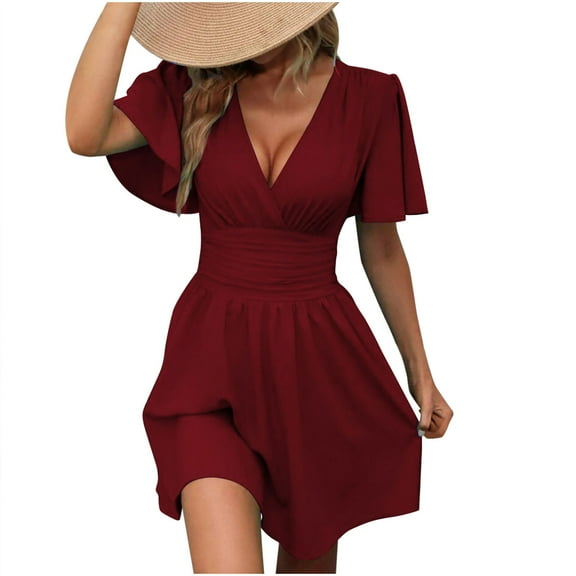 LLYwey Wedding Guest Dresses for Women Summer Casual Short Sleeve V-Neck Beach Sundress Smocked Waist Ruffle Pleated A-Line Evening Party Knee Length Dresses, Sun-22, Wine, XXL