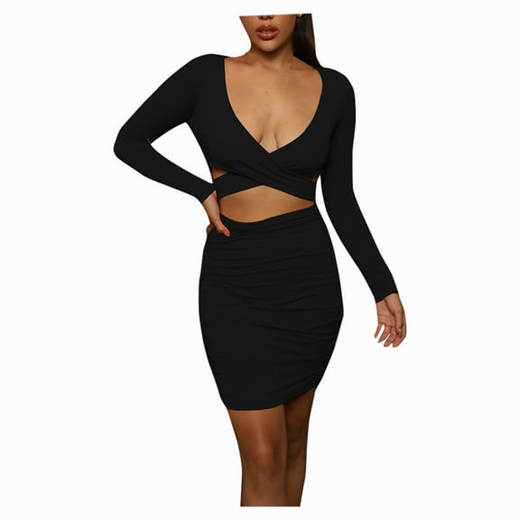 LLYwey Wedding Guest Dresses for Women Midi Fashion Female Hollow Package Bodycon Dress Long Sleeve Pleated Dress New Work Dresses Black L