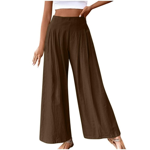 LLYwey White Linen Pants Women Women's Fashion Sport Relaxed Loose Elastic Waist Long Sweatpants Solid Color Bound Feet Wide Leg Pants Female Long Pant Style H619 Brown L