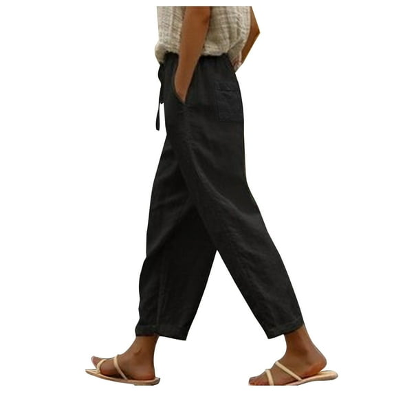 LLYwey Wide Leg Dress Pants For Women Women's Fashionable Solid Color Pocket Drawstring Cotton and Linen Pants Female Pants Long Pant Style H58 Black XXL