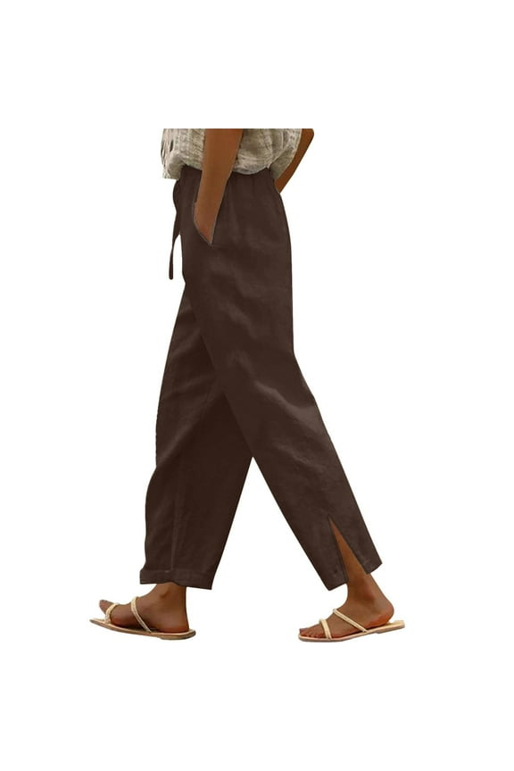 Wide Leg Linen Pants for Women Drawstring Elastic Waist Long Pants Solid Color Side Split Casual Loose Wide Leg Trousers with Pockets, St12, Brown, XXL