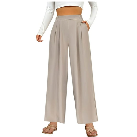 LLYwey Wide Leg Linen Pants For Women Women's Solid Color Non Elastic Loose High Waist Slim Casual Wide Leg Pants Beach Pants Female Long Pant Style H865 Khaki M