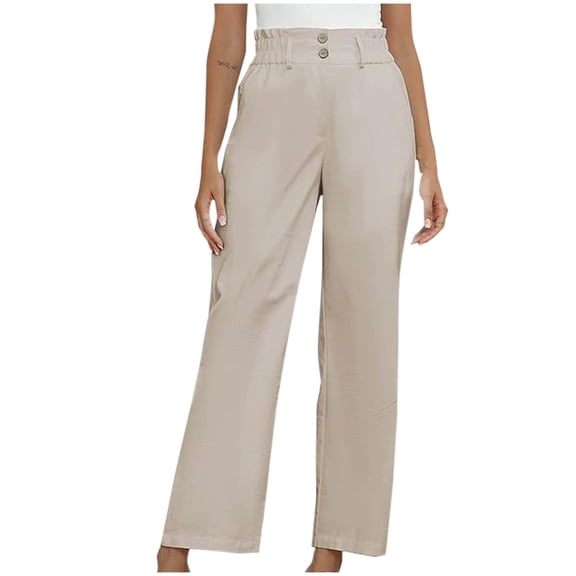 LLYwey Wide Leg Linen Pants Women's Zippered Mid Waist Slightly Stretch Straight Slim Casual Trousers Female Sweatpants Long Pant Style H860 Khaki XL