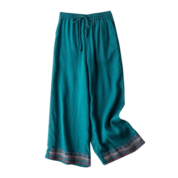 LLYwey Wide Leg Pants for Women Summer Fashion Solid Color Embroidery Art Style Flowing Double Layer Thin Straight Leg Wide Leg Pants New Full Length Pants Regular Fitted Blue M