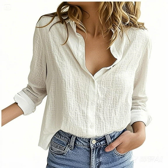 LLYwey Woman Linen Shirt Womens V Neck Roll up Sleeve Button Down Blouses Tops Women’s Plus Size Solid Long Sleeve Dressy Casual Button-up Shirts, Style-46, White, M