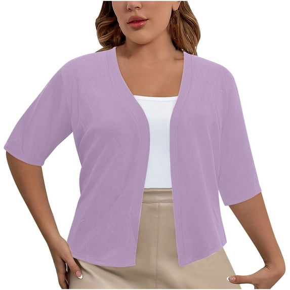 LLYwey Women Crop Shrugs , Women’s Plus Size Elbow-Length Lightweight Cropped Open Front Cardigan Shrugs for Dresses , Style-8, Purples, 5XL