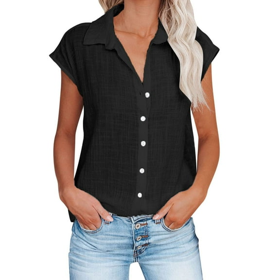 LLYwey Women Linen Button Down Shirts, Ladies Cap Sleeve Cotton Linen Tops and Blouses, Casual V Neck Short Sleeve Collared Button-up Shirts Beach Summer Tees, Style-52, Black, XXL