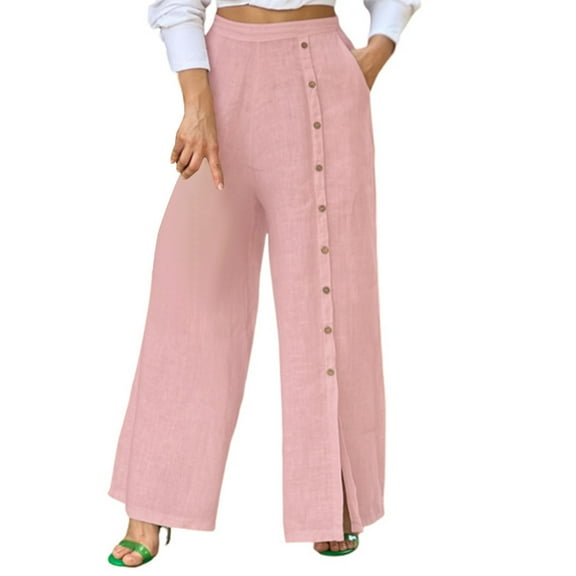 LLYwey Women Pants Women's Summer Casual Slit High Waist Cotton Linen Single-Breasted Solid Color Pocket Trousers Capris Yoga Pants Female Long Pant Style H1988 Pinks L
