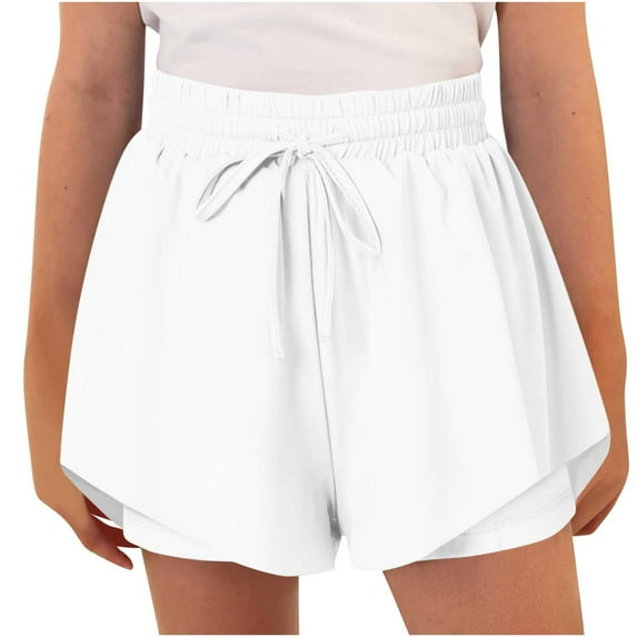 LLYwey Women Running Shorts - Drawstring Elastic High Waisted Shorts with Pocket - Sporty Workout Gym Athletic Shorts Pants, Sy-13, White, 8T