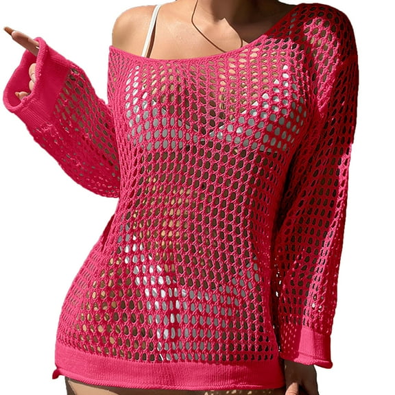 LLYwey Women Sweatshirts Women's Color Long Sleeved Round Neck Hollowed Out Knitted Beach Bikini Cover up Tie up Dress Round Neck Pullover Blouses Shirts Pinky One Size